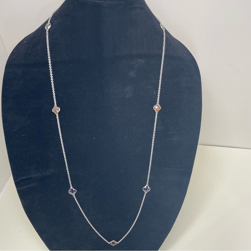 Elegant Long Silver Tone Necklace with Multicolor Clover-shaped Gemstones